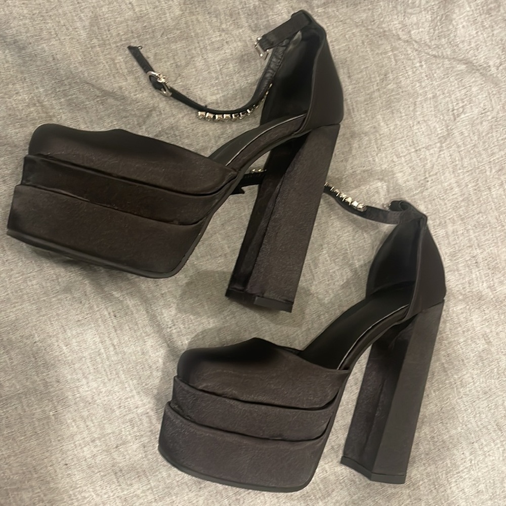 Satin and jeweled double platform heels